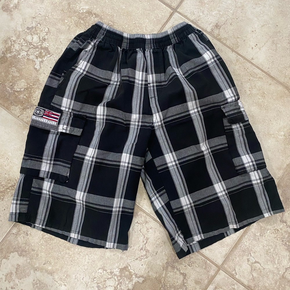 90’s Surf Style Maui Built Hawaii Elastic Waist Long Plaid Baggy Cargo Shorts